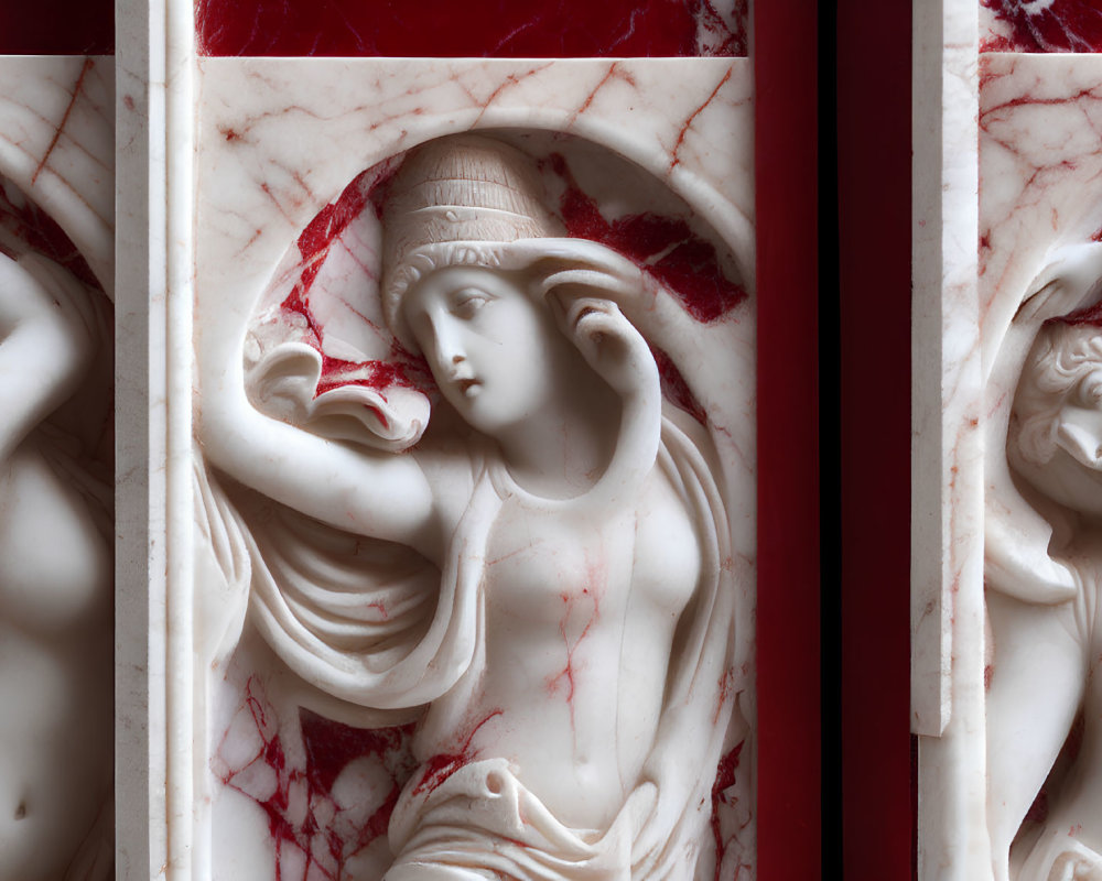 Marble bas-relief of elegant female figures with red marble columns