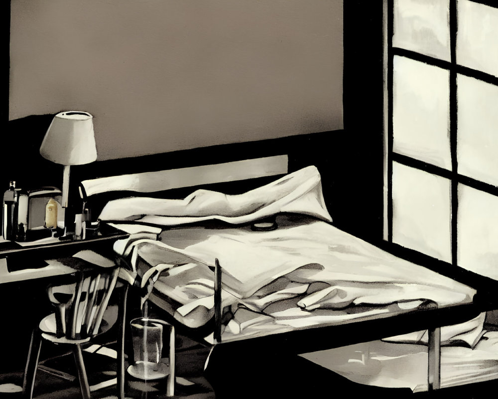 Monochrome bedroom illustration with unmade bed, bedside table, chair, and window light.