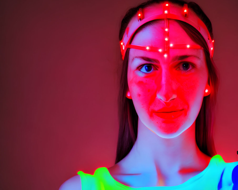 Woman with Neon Light Decorations on Red Background