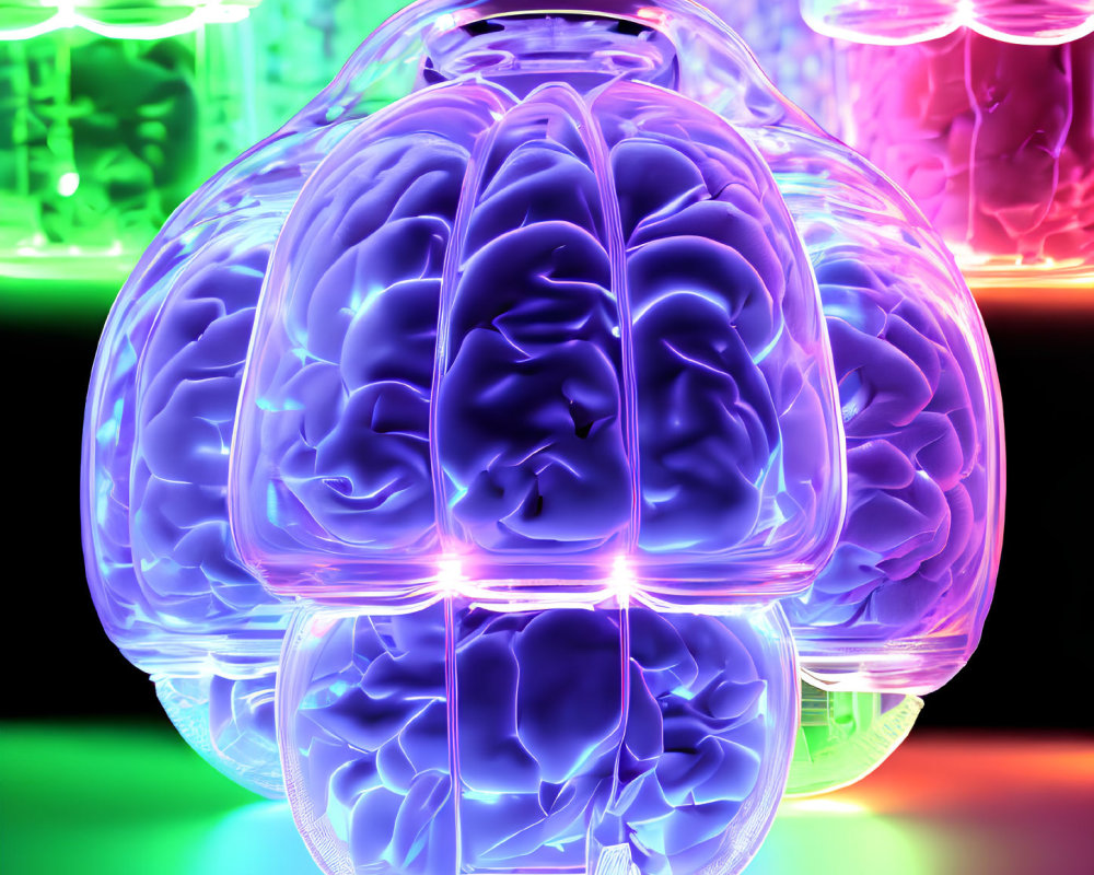 Colorful 3D-rendered human brain in neon glow with illuminated flasks