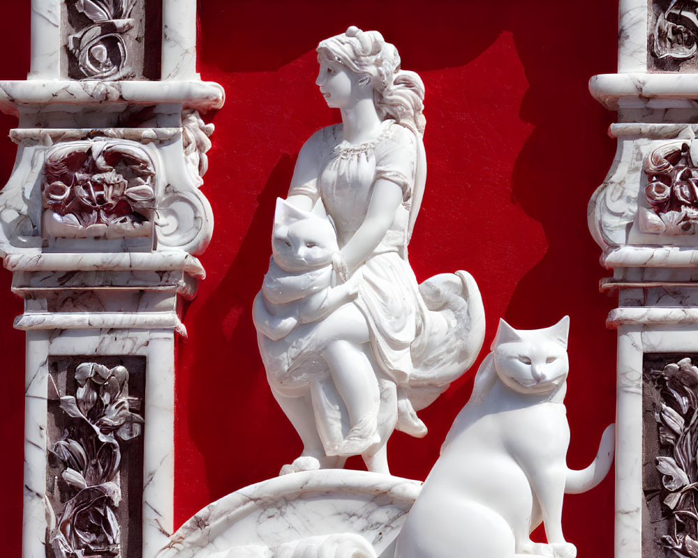 White Sculptural Relief of Woman and Cats on Vibrant Red Background