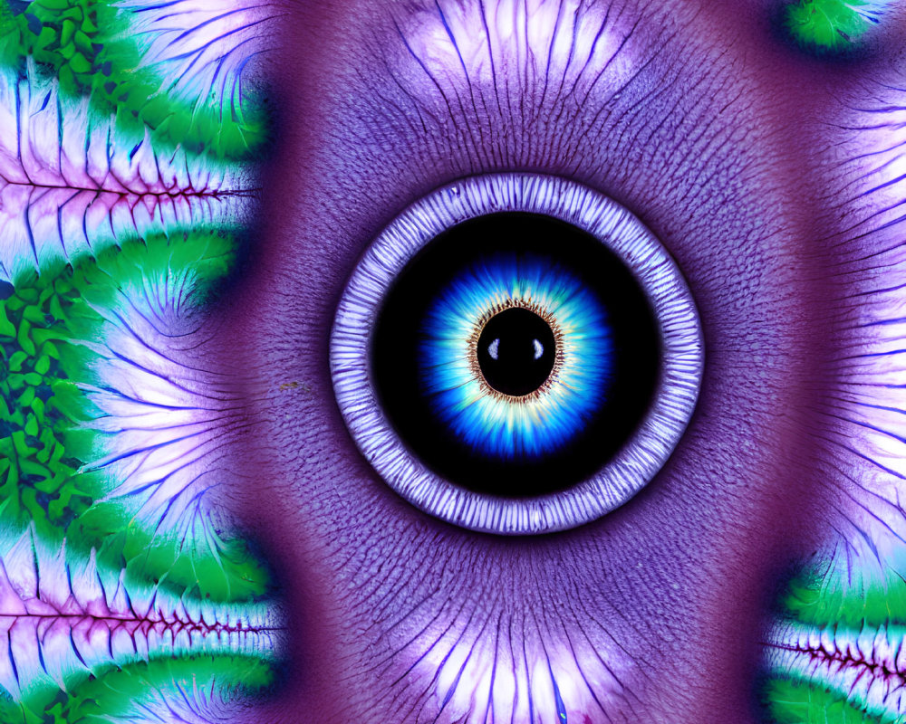 Abstract art: Central eye with blue and brown hues in symmetrical, fractal patterns.