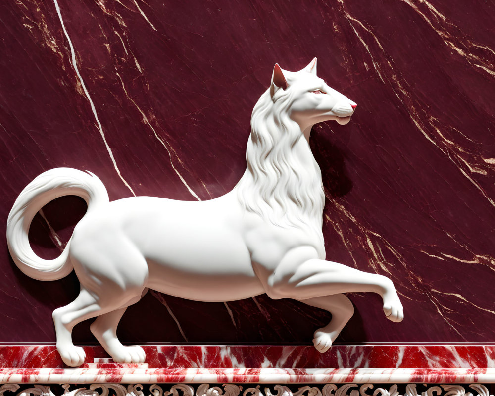Sculpted white horse on dark red marble background