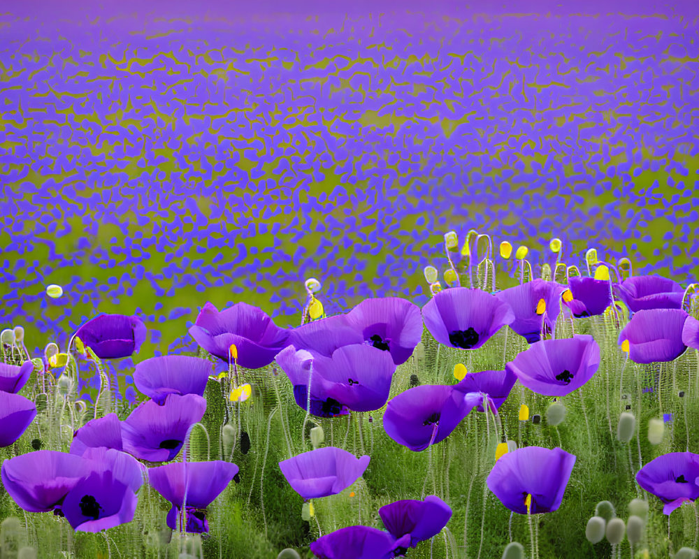 Colorful Purple Poppy Field on Textured Lilac Background