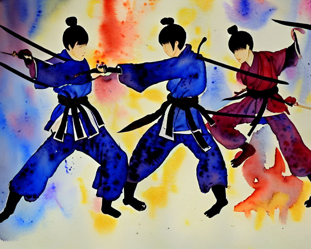 Colorful Watercolor Painting of Three Asian Warriors with Swords
