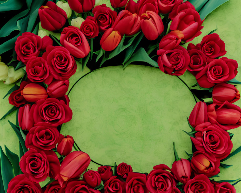 Circular Floral Frame: Red Tulips and Roses on Green Textured Background