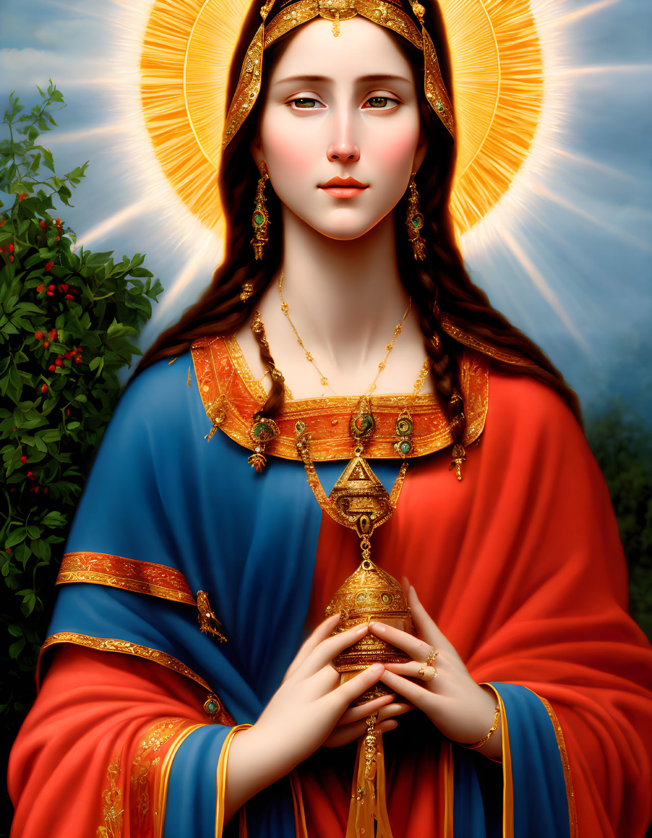 Digital painting of woman with halo, blue mantle, red garment, holding golden heart-shaped object