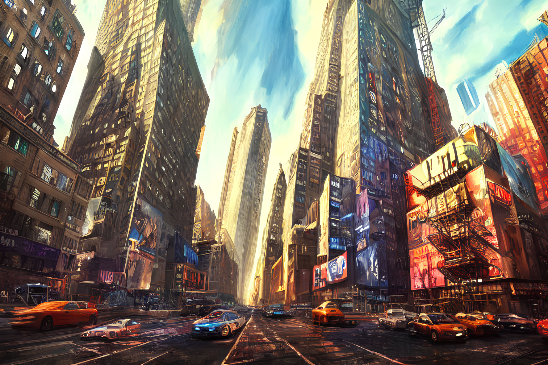 City street scene with tall buildings, billboards, cars, and sunny sky