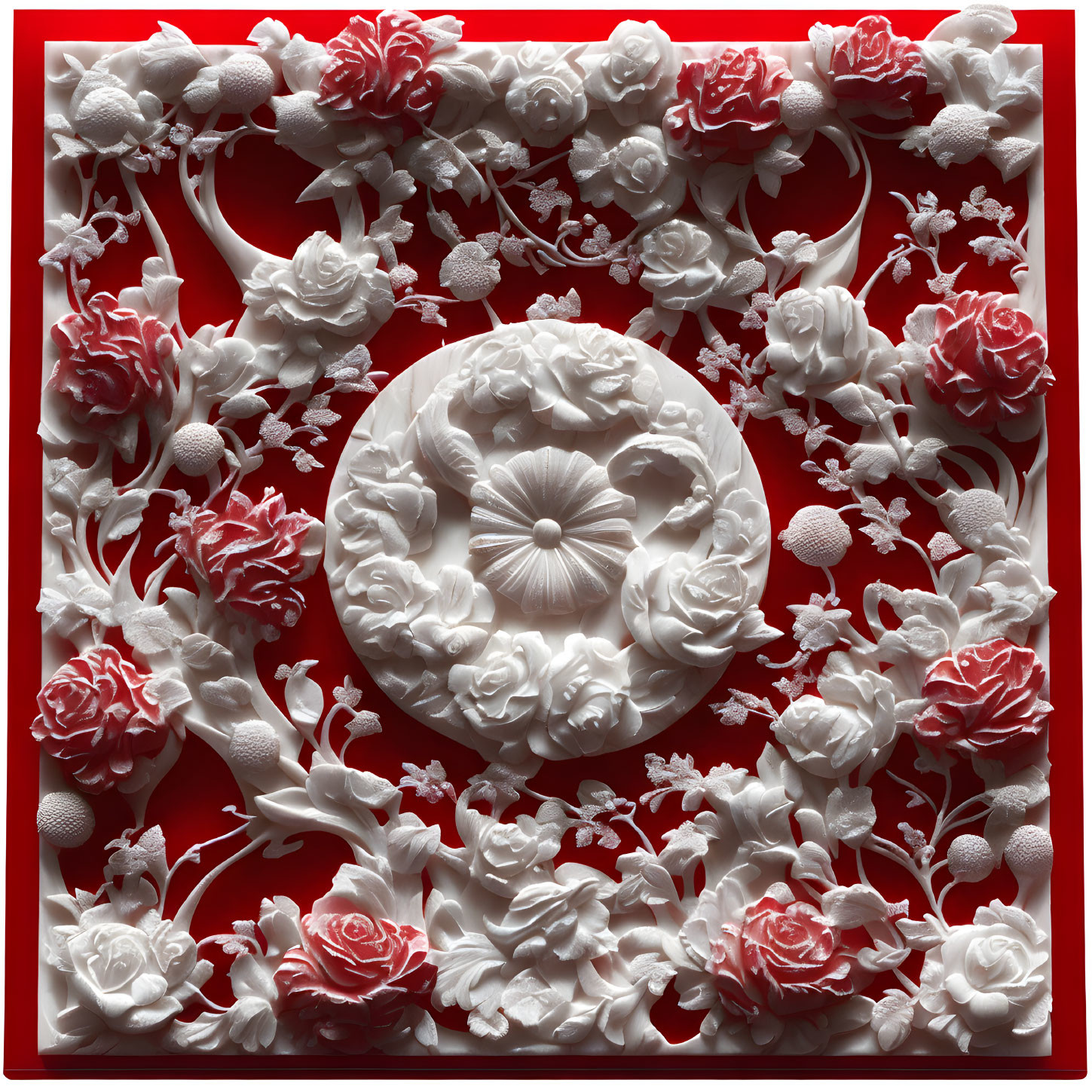 Detailed Red and White Bas-Relief Carving with Floral Pattern