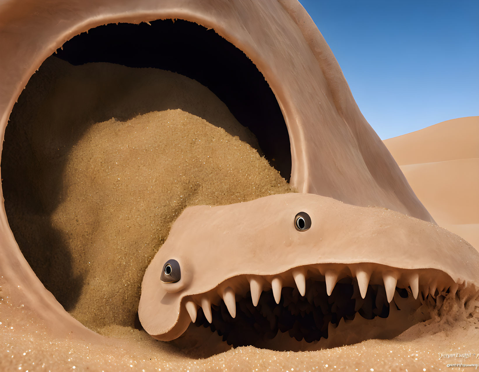 Surreal desert scene with giant sandworm and sand dunes