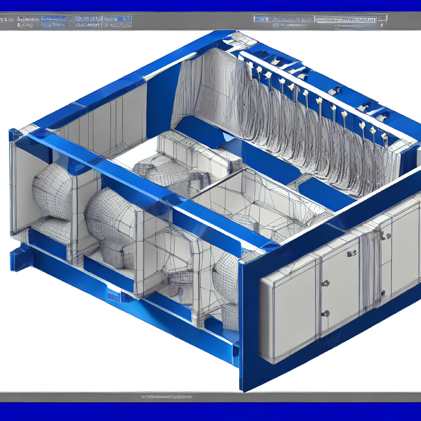Detailed 3D CAD model of multi-compartment industrial machine with tanks, piping, and structural supports
