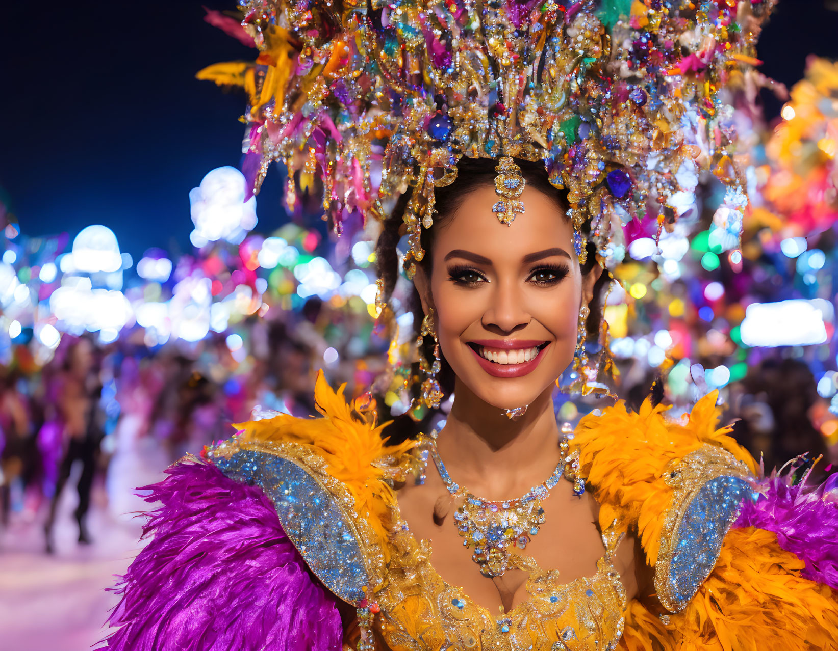 Colorful Carnival Costume with Feathered Headdress and Festive Lights Background