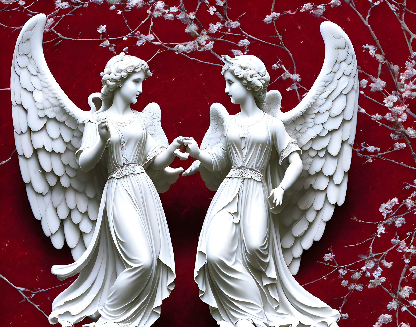 White Angel Statues Holding Hands on Red Background with White Branches