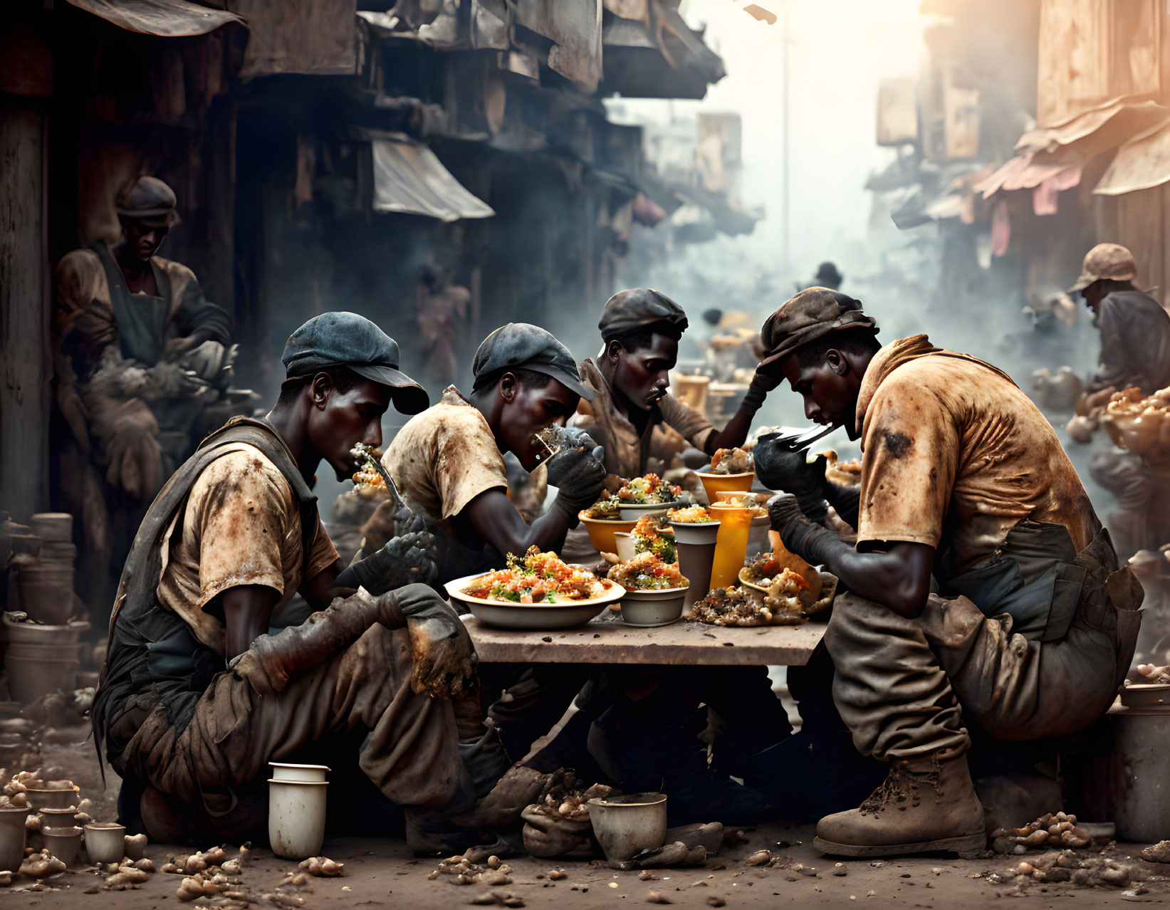 Five workers eating meal at makeshift table in dirty overalls and caps amid smoky, dusky setting