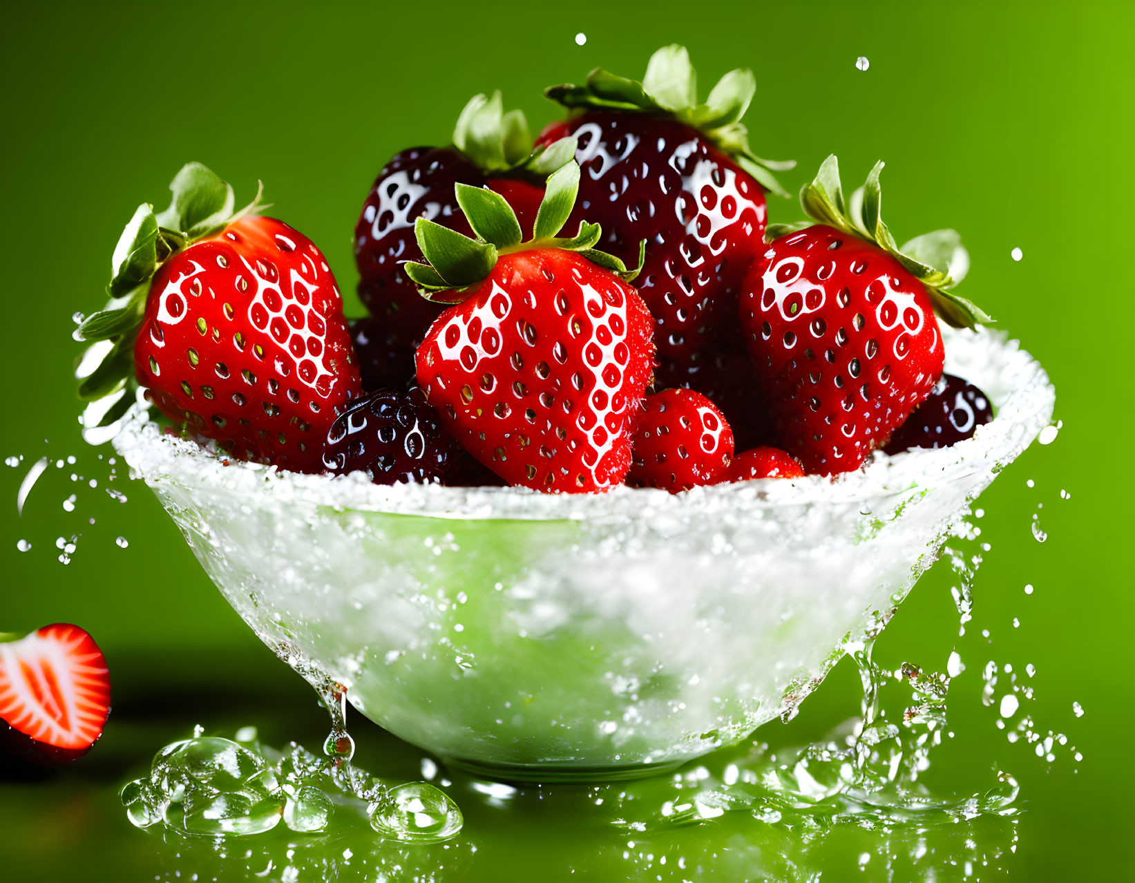 Fresh strawberries with water droplets on green background