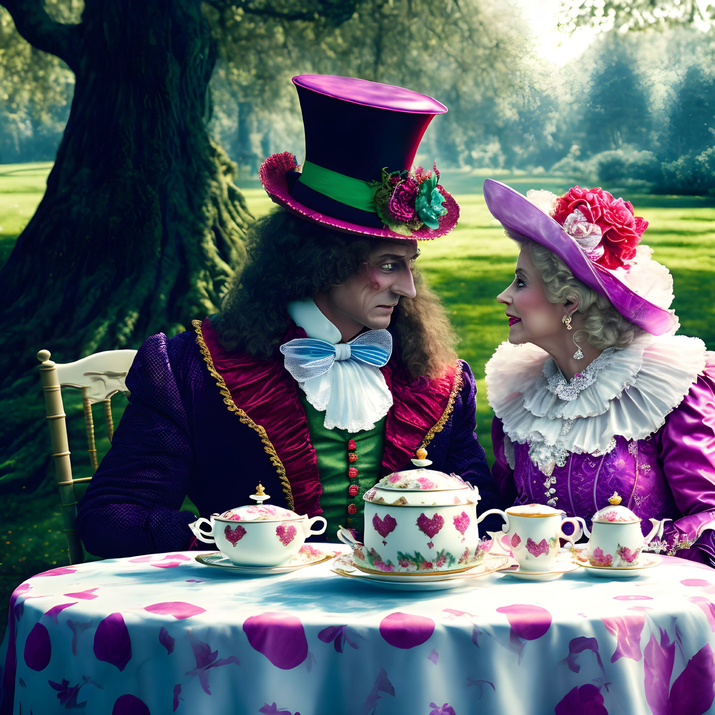 Whimsical outdoor tea party with Mad Hatter and woman in purple costume