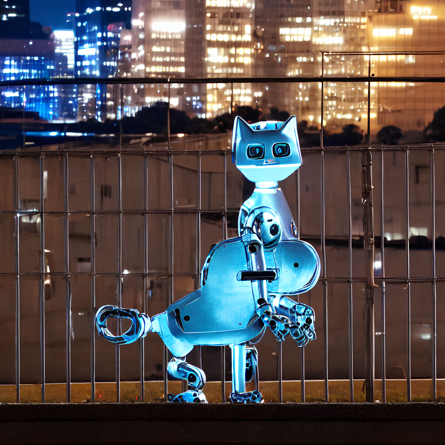 Metallic blue robot with cat-like head and large eyes in nighttime cityscape