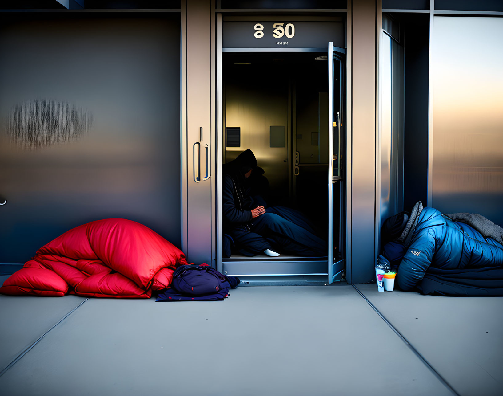 Two people in sleeping bags by a doorway with cup in front