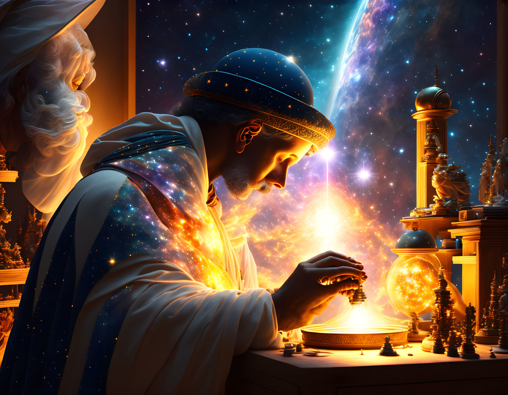 Scholar studying celestial model with galaxy backdrop and wisdom figure