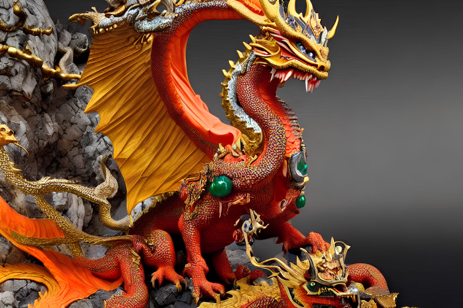 Detailed Red and Gold Dragon Among Flames with Smaller Dragons