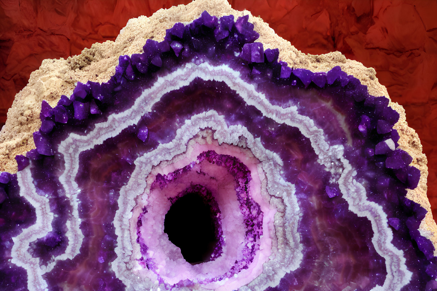 Detailed Macro Shot of Vibrant Geode with Purple Amethyst Crystals