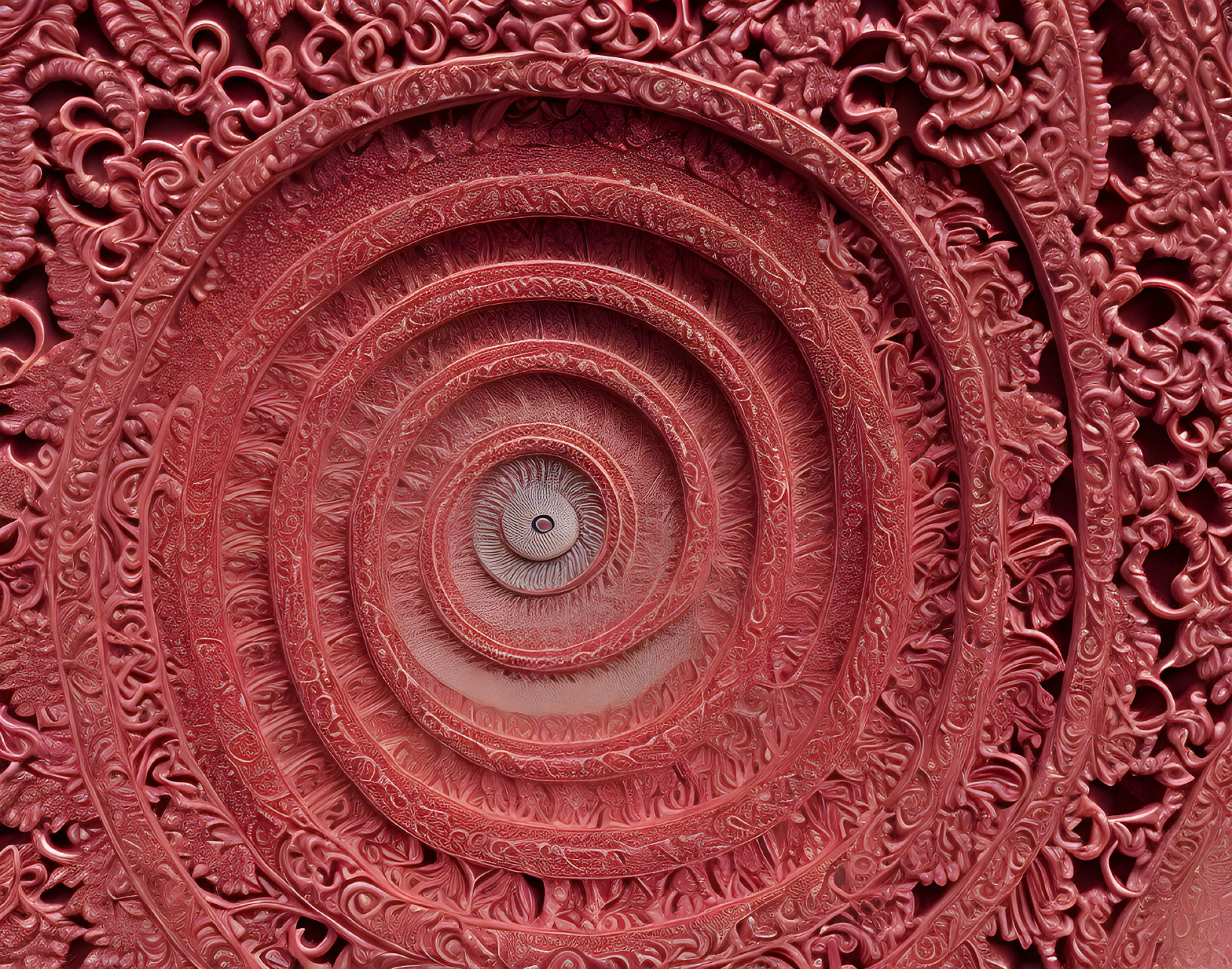 Intricate Red Circular Artwork with Elaborate Carvings and Spiraling Designs