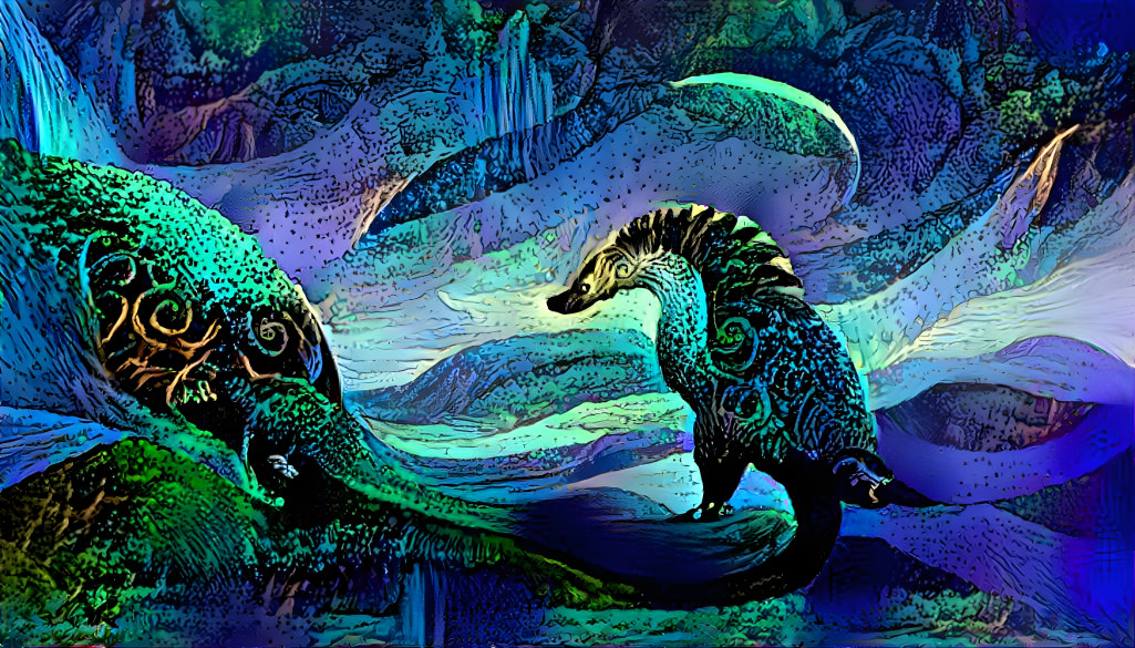 Fantasy scaly anteater + trees/waterfall style