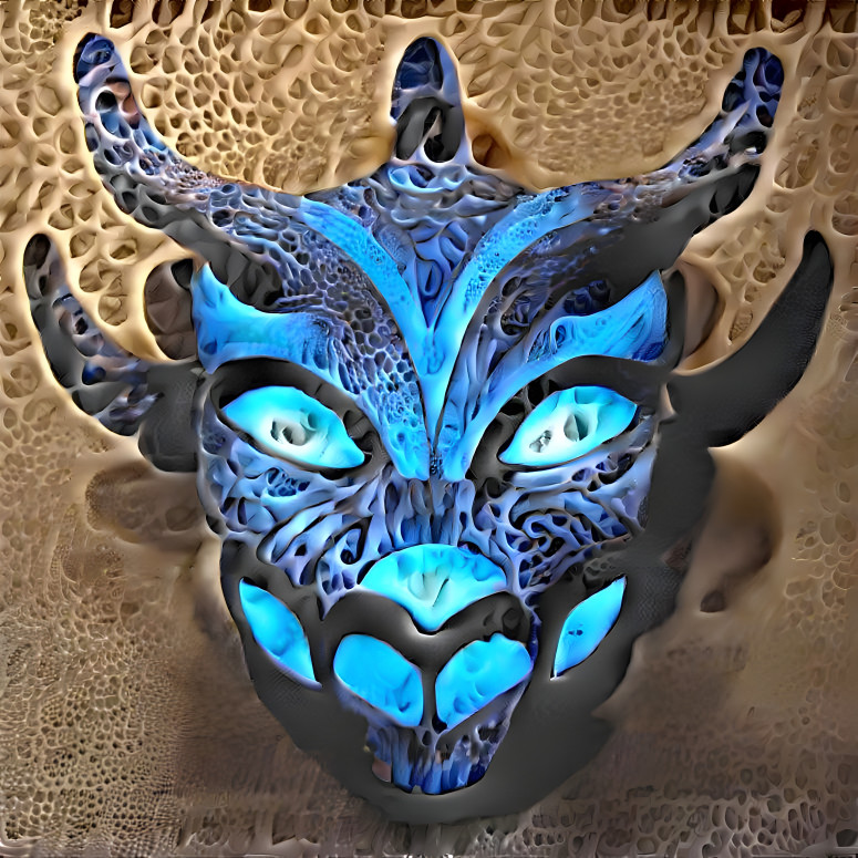 Tribal blue devil mask with glowing horns