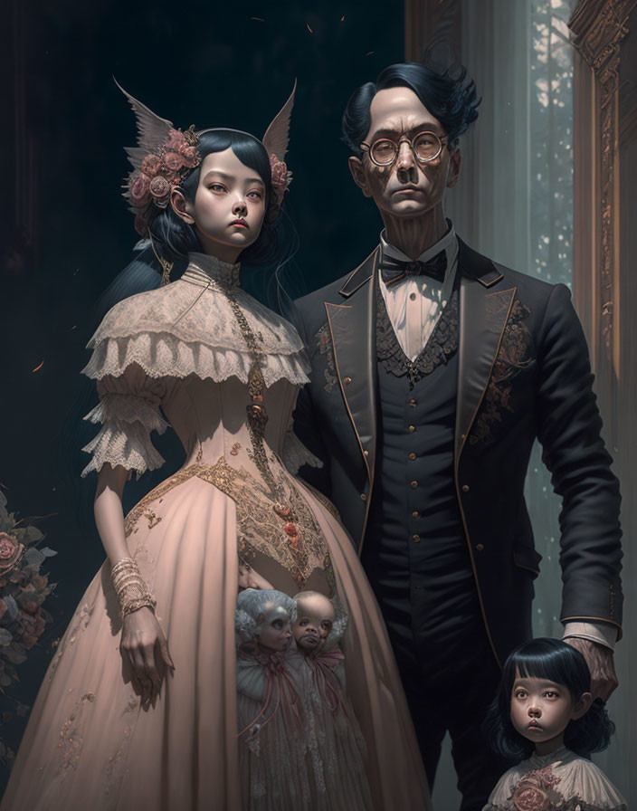 Gothic Victorian-style portrait of two adults and a child in vintage attire