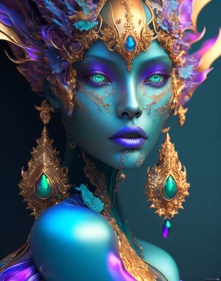 Blue-skinned figure with green eyes and ornate headgear in fantasy portrait