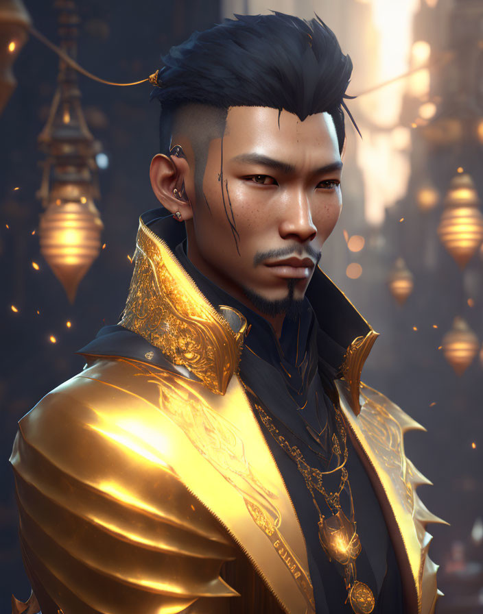 Digital portrait of man with slicked-back hair, goatee, piercings, black and gold
