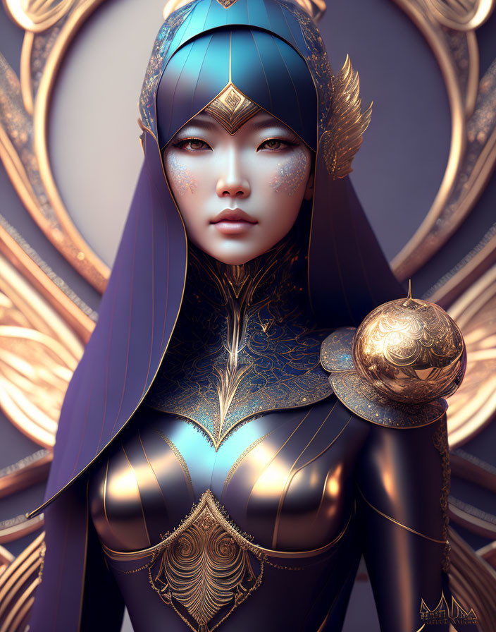 Digital artwork: Woman in blue headscarf and veil with golden armor and ornate shoulder adornment
