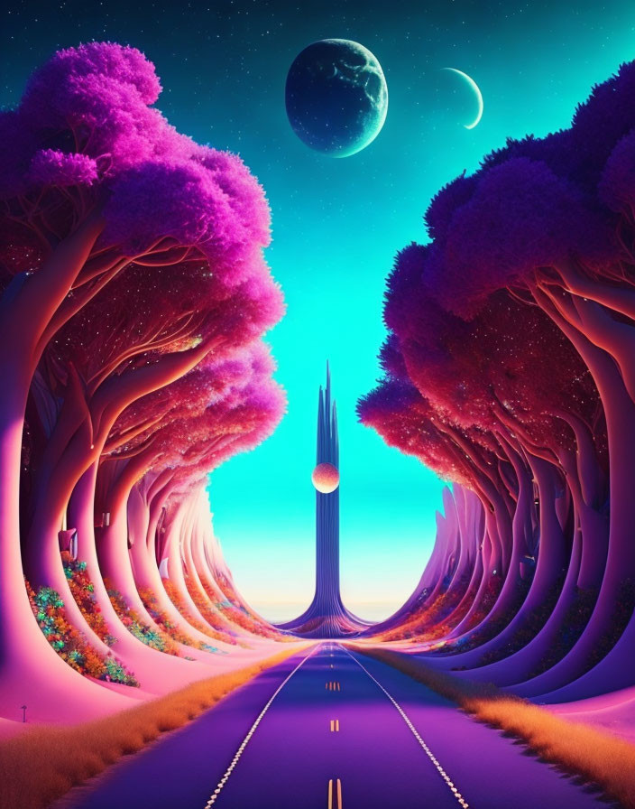 Surreal landscape with road, spire, purple trees, moon, and stars