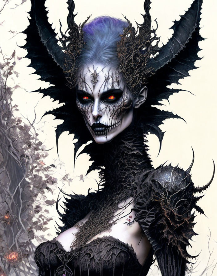 Fantasy Artwork Depicting Skull-Faced Creature with Red Eyes and Black Horns