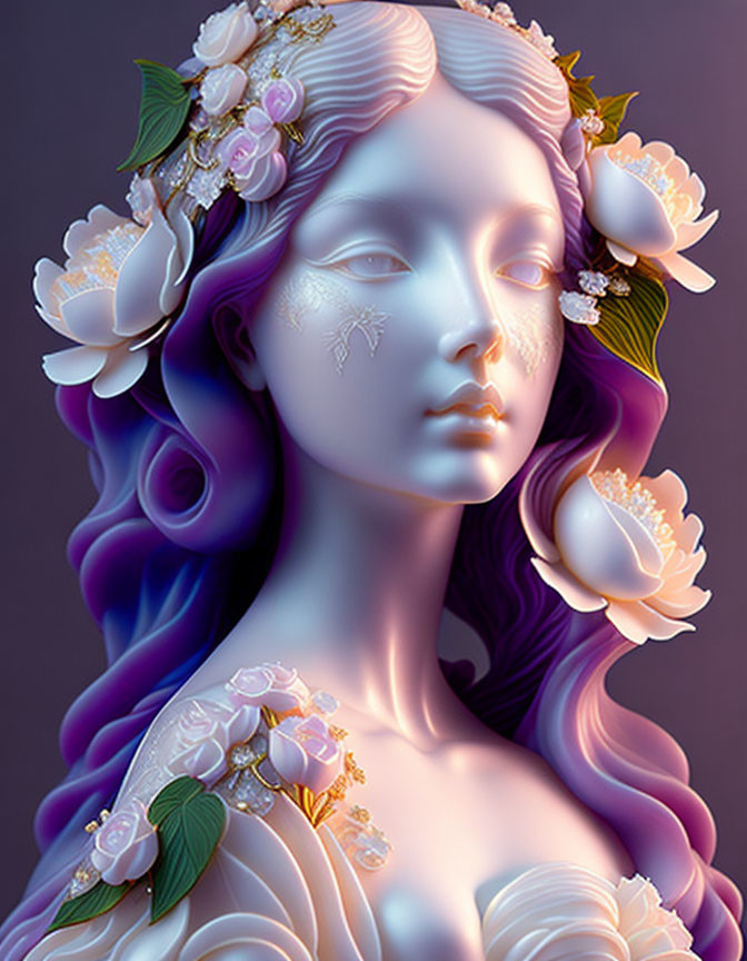 Surreal portrait of female figure with violet hair and floral crown