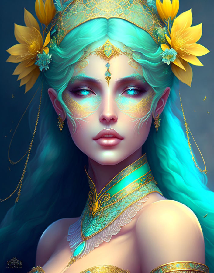 Blue-skinned mythical figure with gold jewelry and floral headpiece.