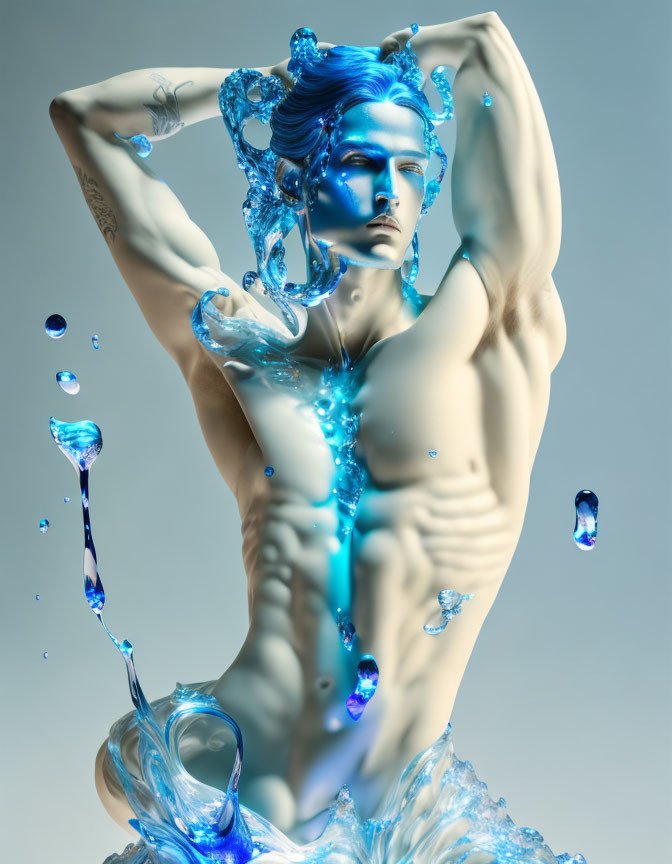 Digital Artwork: Person with Blue Hair in Dynamic Water Splash Scene