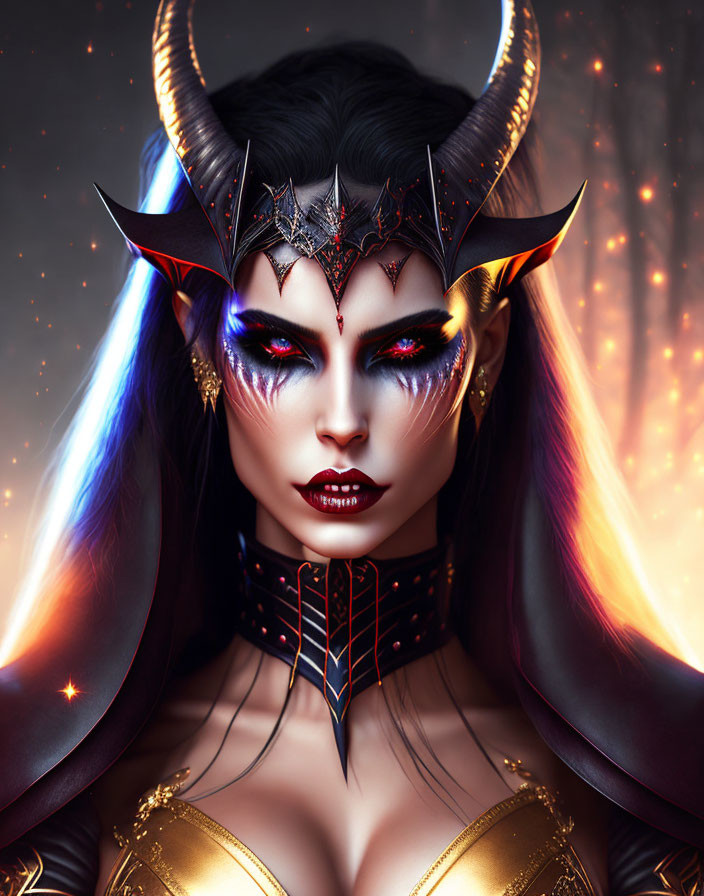 Fantasy illustration of woman with horns and demonic crown in fiery setting