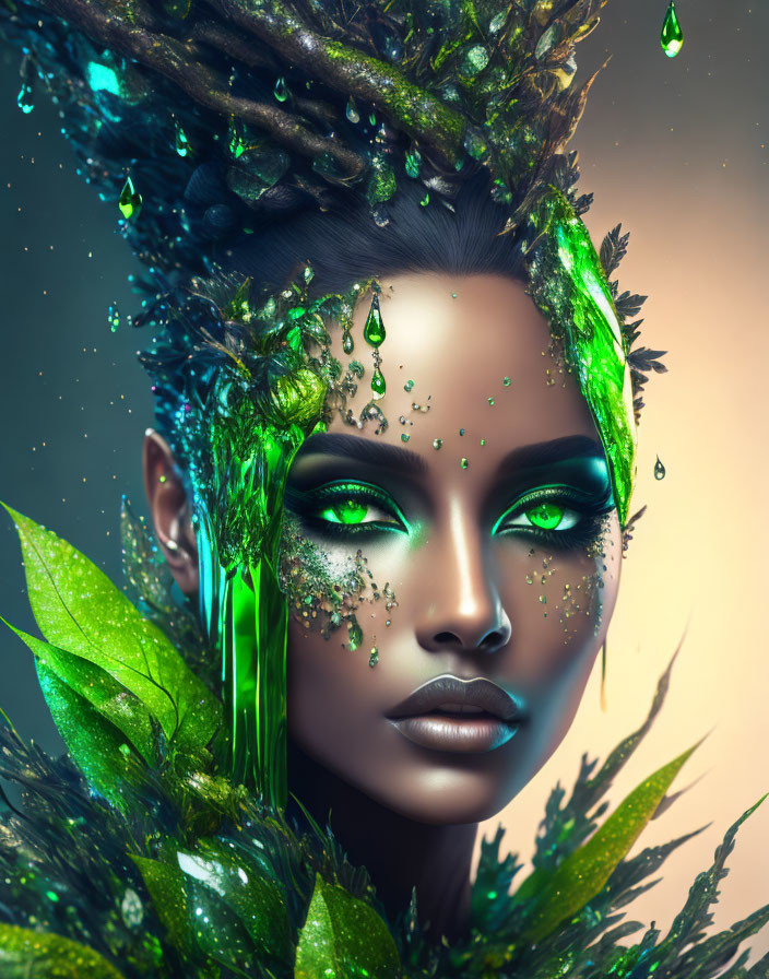 Digital artwork featuring woman with green leaves, vibrant makeup, and mystical nature tendrils