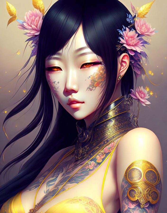 Illustrated portrait of woman with black hair, golden eyes, floral tattoos, and vibrant flower hair accessories