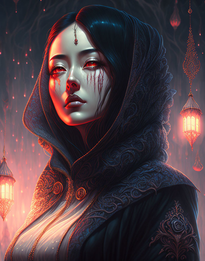 Digital artwork featuring mysterious woman in jeweled headpiece and dark cloak amidst glowing lanterns in crimson-l