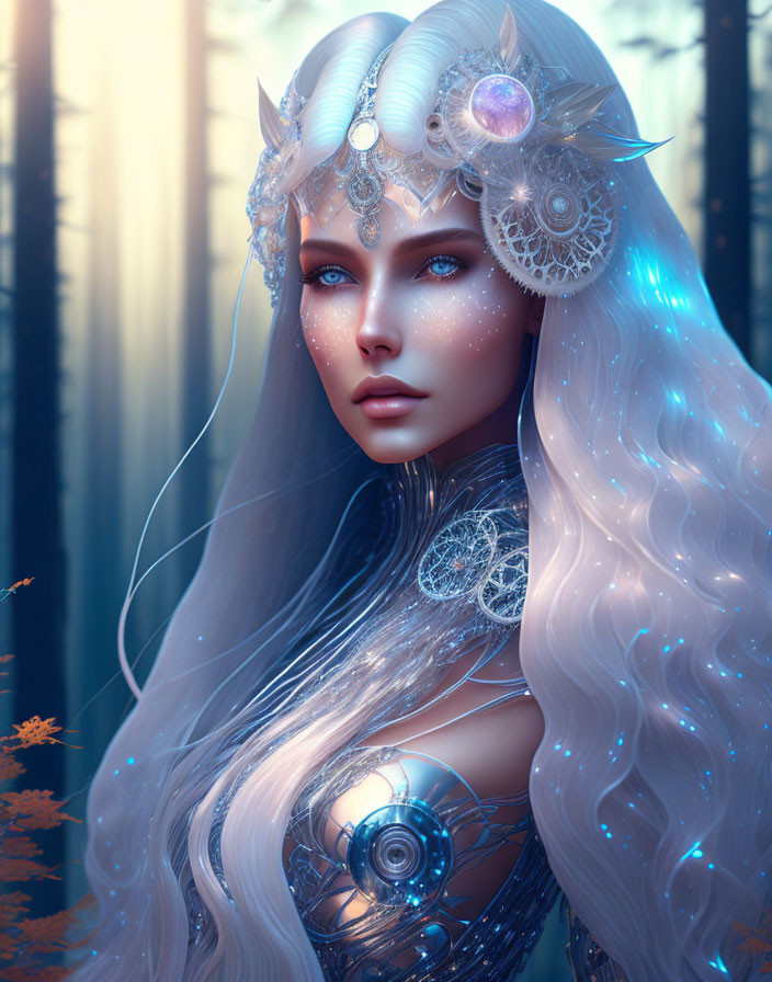Mythical woman with white hair and silver jewelry in mystical forest