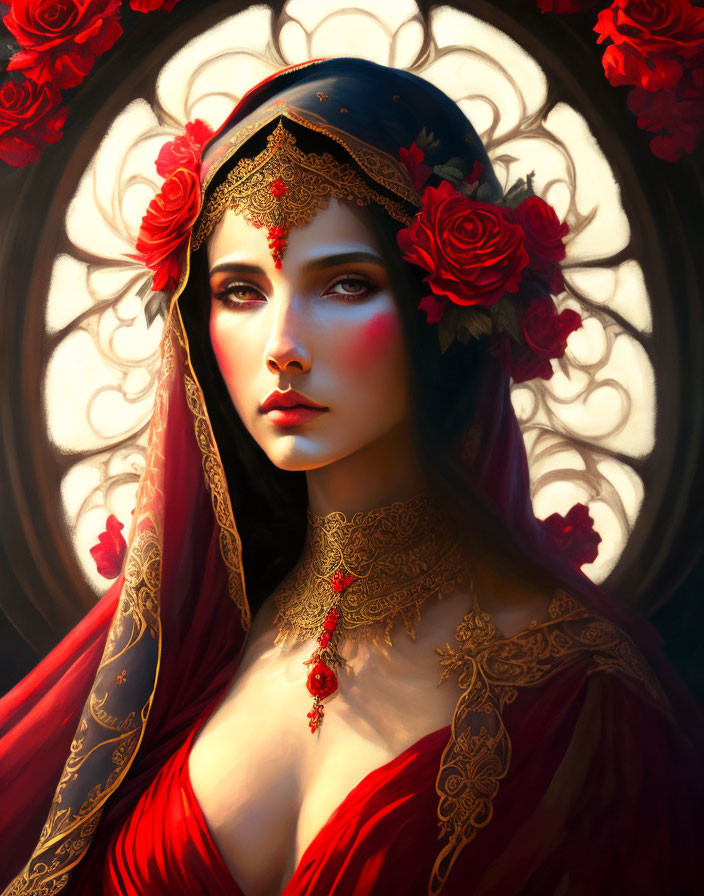 Illustrated woman with long dark hair and red-gold headpiece in mystical setting.
