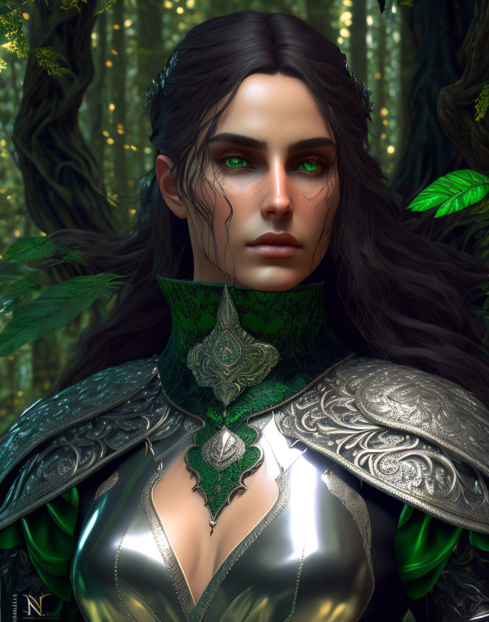 Digital Art Portrait: Woman with Green Eyes and Dark Hair in Silver and Green Armor, Mystic Forest Back