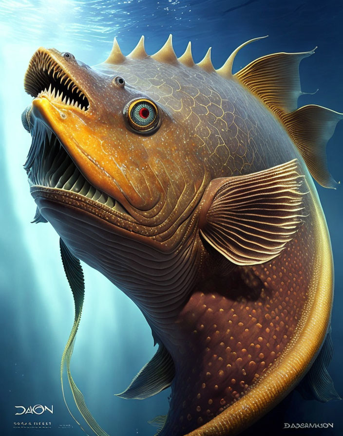 Illustration of deep-sea fish with sharp teeth, large eye, and textured scales in blue underwater