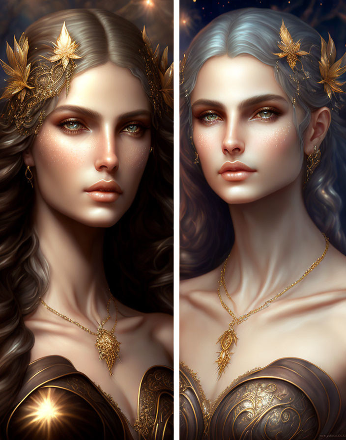 Fantasy-inspired female digital artwork with golden leaf crown and intricate jewelry variations.