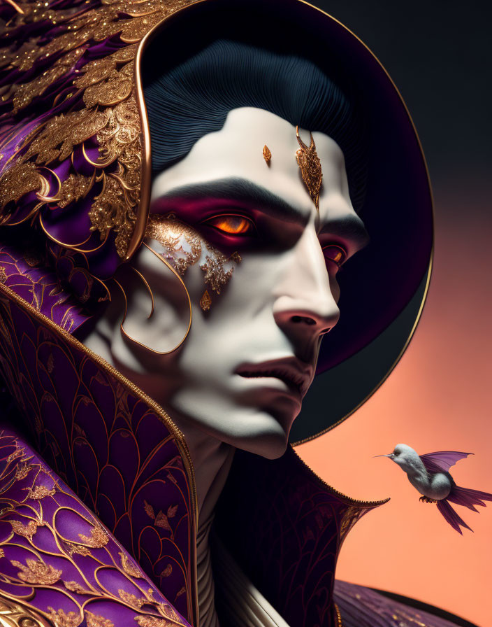 Regal figure in gold and purple attire with dramatic makeup