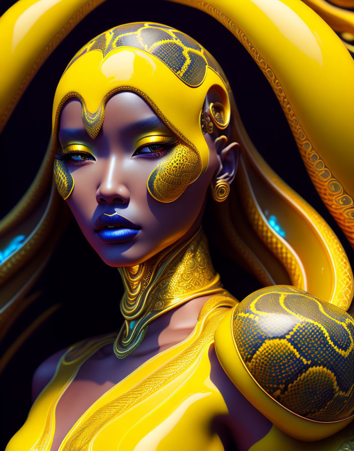 Digital art portrait of woman with yellow and black snake-like patterns and ornate headgear, futuristic fantasy