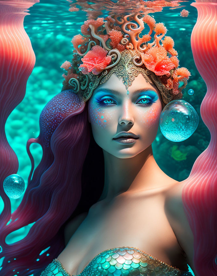 Fantasy portrait of woman with coral headpiece and blue eyes in vibrant setting.