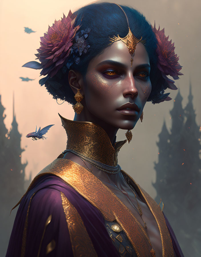 Blue-skinned regal figure in gold jewelry and floral crown on hazy backdrop
